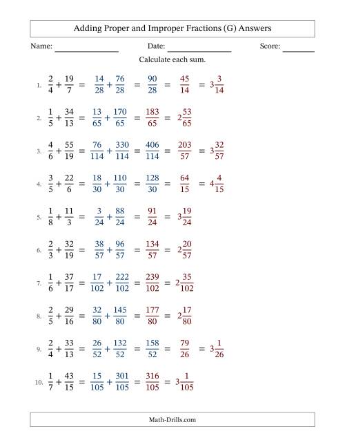 The Adding Proper and Improper Fractions with Unlike Denominators and Mixed Fractions Results (G) Math Worksheet Page 2