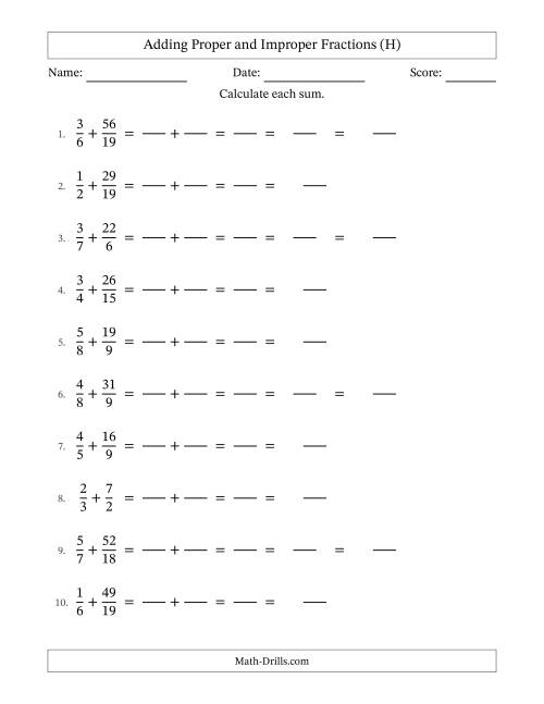 The Adding Proper and Improper Fractions with Unlike Denominators and Mixed Fractions Results (H) Math Worksheet