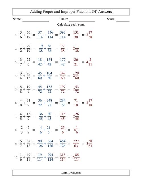 The Adding Proper and Improper Fractions with Unlike Denominators and Mixed Fractions Results (H) Math Worksheet Page 2