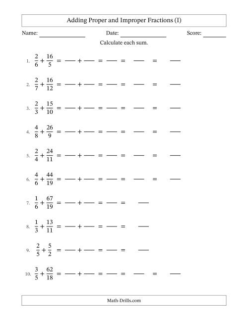 The Adding Proper and Improper Fractions with Unlike Denominators and Mixed Fractions Results (I) Math Worksheet