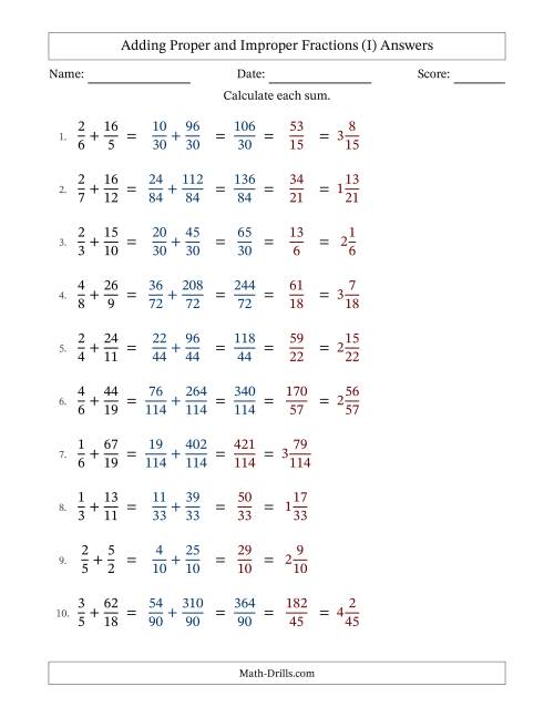 The Adding Proper and Improper Fractions with Unlike Denominators and Mixed Fractions Results (I) Math Worksheet Page 2