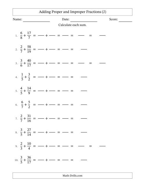 The Adding Proper and Improper Fractions with Unlike Denominators and Mixed Fractions Results (J) Math Worksheet