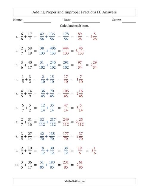 The Adding Proper and Improper Fractions with Unlike Denominators and Mixed Fractions Results (J) Math Worksheet Page 2