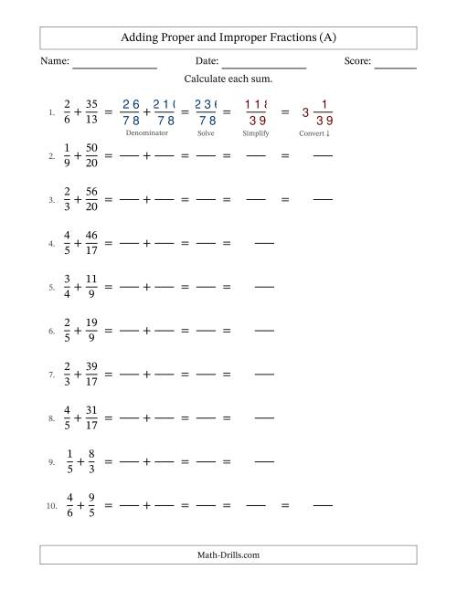 The Adding Proper and Improper Fractions with Unlike Denominators, Mixed Fractions Results and Some Simplifying (Fillable) (All) Math Worksheet
