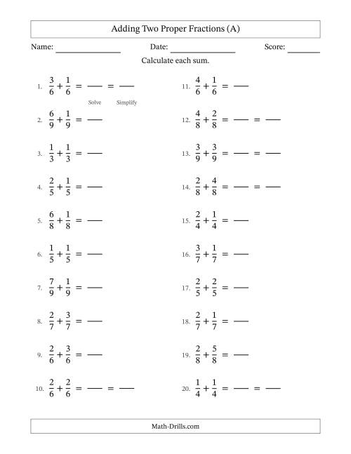The Adding Two Proper Fractions with Equal Denominators, Proper Fractions Results and Some Simplifying (Fillable) (A) Math Worksheet