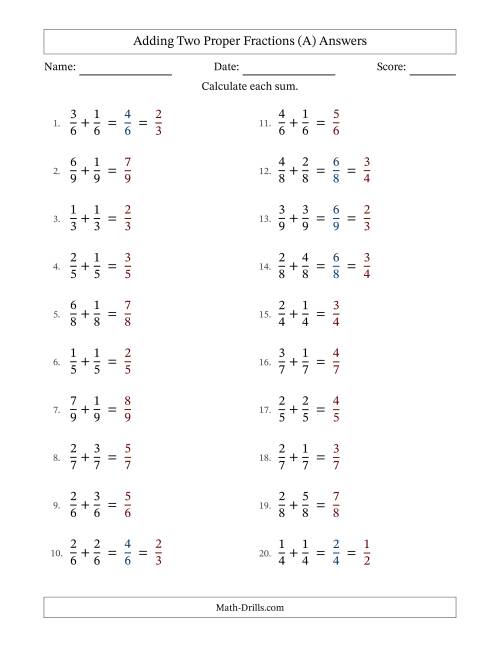The Adding Fractions with Like Denominators (Simple Fraction Sums) (A) Math Worksheet Page 2