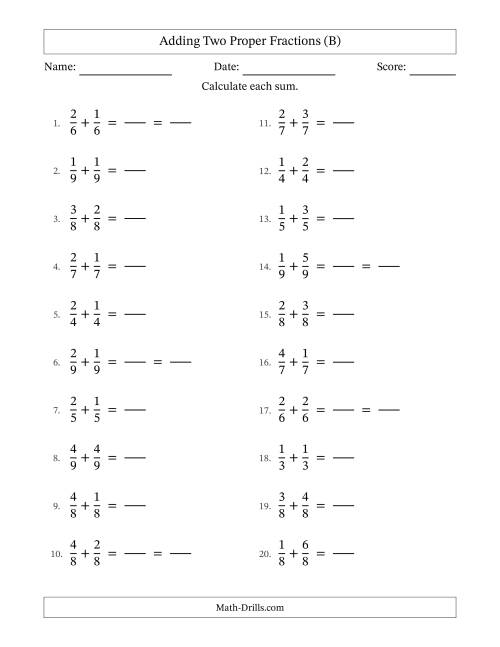 The Adding Two Proper Fractions with Equal Denominators, Proper Fractions Results and Some Simplifying (Fillable) (B) Math Worksheet