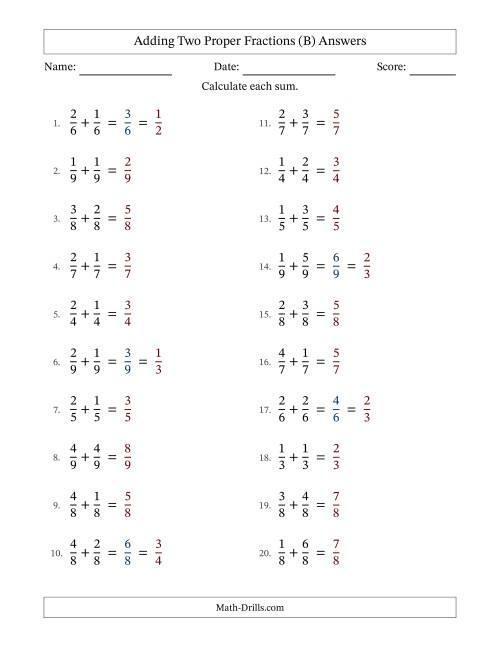 The Adding Two Proper Fractions with Equal Denominators, Proper Fractions Results and Some Simplifying (Fillable) (B) Math Worksheet Page 2