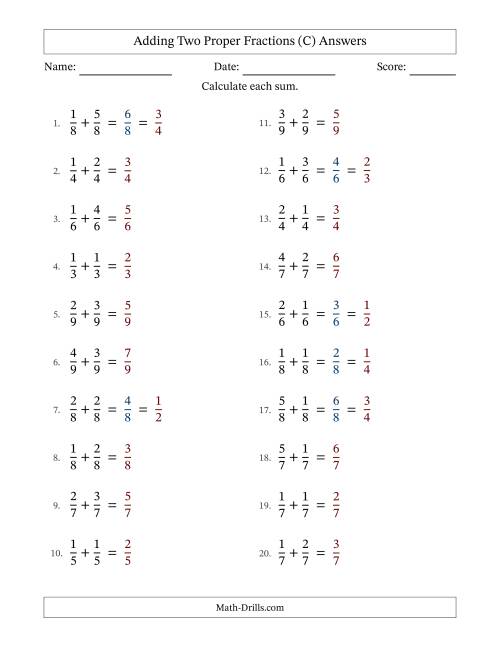 The Adding Two Proper Fractions with Equal Denominators, Proper Fractions Results and Some Simplifying (Fillable) (C) Math Worksheet Page 2