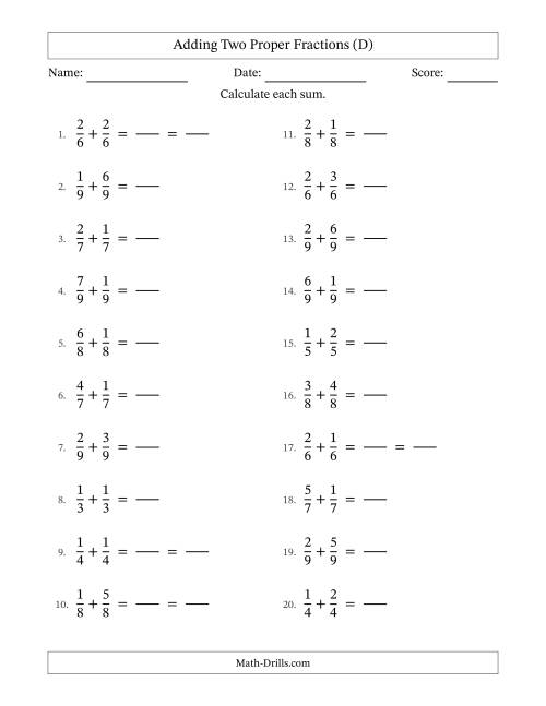 The Adding Two Proper Fractions with Equal Denominators, Proper Fractions Results and Some Simplifying (Fillable) (D) Math Worksheet