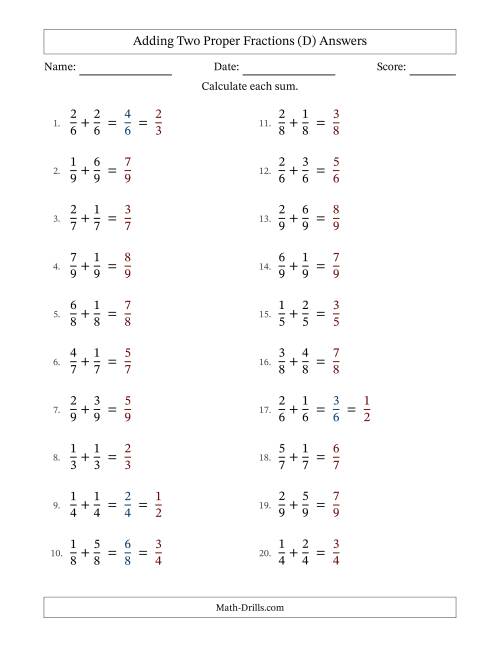 The Adding Two Proper Fractions with Equal Denominators, Proper Fractions Results and Some Simplifying (Fillable) (D) Math Worksheet Page 2