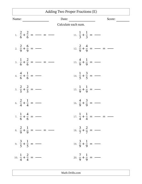 The Adding Two Proper Fractions with Equal Denominators, Proper Fractions Results and Some Simplifying (Fillable) (E) Math Worksheet