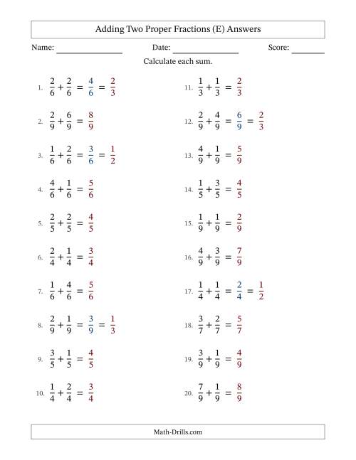 The Adding Two Proper Fractions with Equal Denominators, Proper Fractions Results and Some Simplifying (Fillable) (E) Math Worksheet Page 2