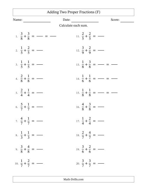 The Adding Two Proper Fractions with Equal Denominators, Proper Fractions Results and Some Simplifying (Fillable) (F) Math Worksheet