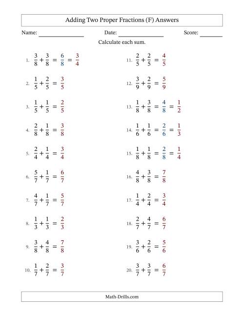 The Adding Two Proper Fractions with Equal Denominators, Proper Fractions Results and Some Simplifying (Fillable) (F) Math Worksheet Page 2