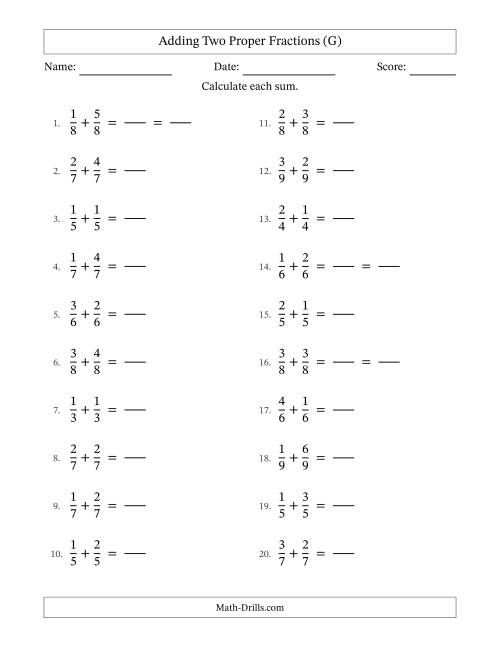 The Adding Two Proper Fractions with Equal Denominators, Proper Fractions Results and Some Simplifying (Fillable) (G) Math Worksheet