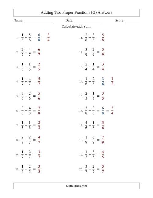 The Adding Two Proper Fractions with Equal Denominators, Proper Fractions Results and Some Simplifying (Fillable) (G) Math Worksheet Page 2