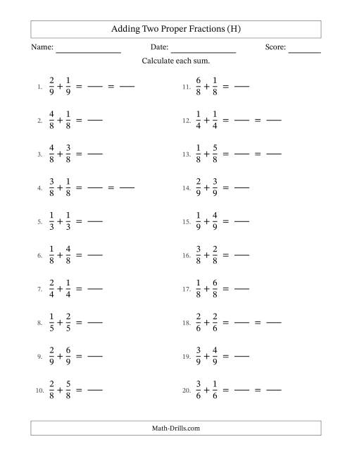 The Adding Two Proper Fractions with Equal Denominators, Proper Fractions Results and Some Simplifying (Fillable) (H) Math Worksheet