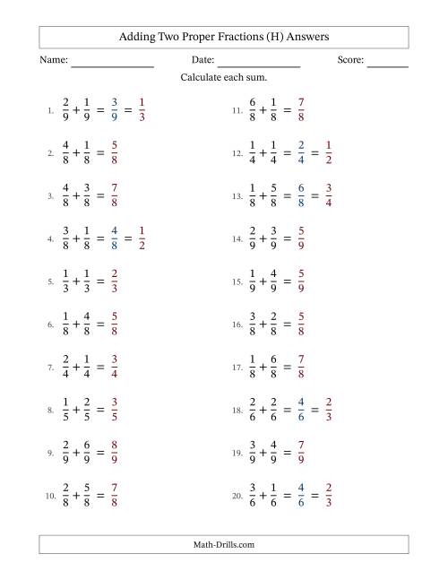 The Adding Two Proper Fractions with Equal Denominators, Proper Fractions Results and Some Simplifying (Fillable) (H) Math Worksheet Page 2