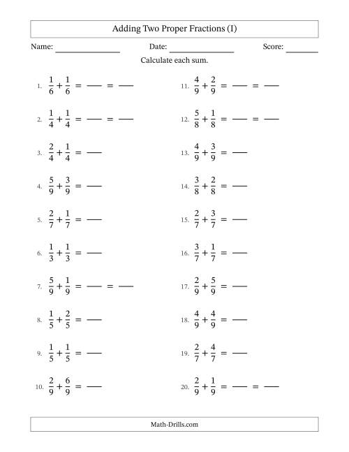 The Adding Two Proper Fractions with Equal Denominators, Proper Fractions Results and Some Simplifying (Fillable) (I) Math Worksheet