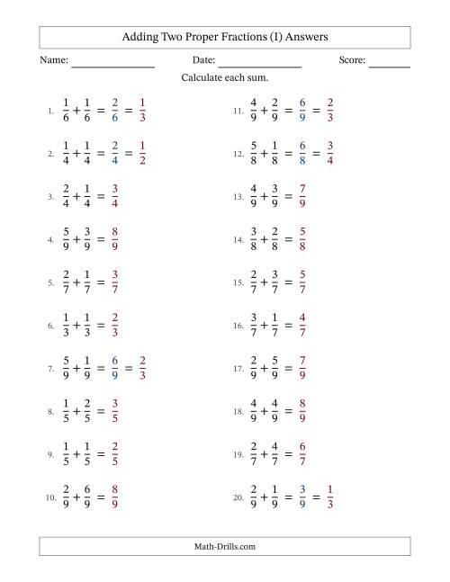 The Adding Two Proper Fractions with Equal Denominators, Proper Fractions Results and Some Simplifying (Fillable) (I) Math Worksheet Page 2