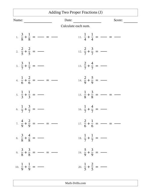 The Adding Two Proper Fractions with Equal Denominators, Proper Fractions Results and Some Simplifying (Fillable) (J) Math Worksheet