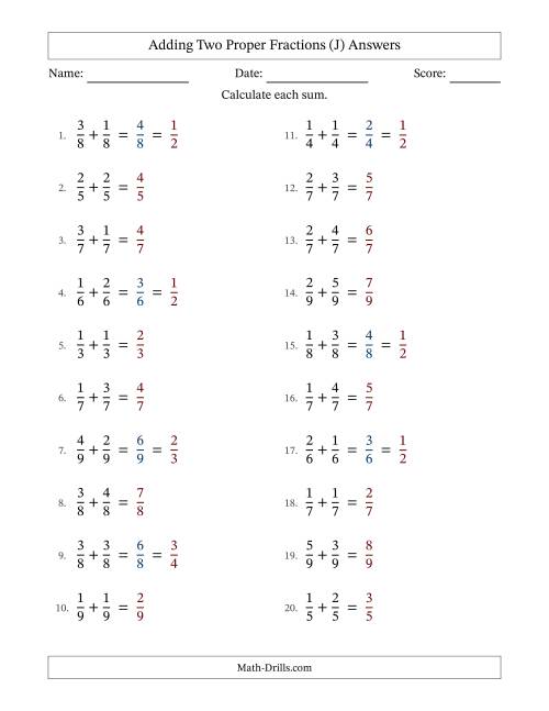The Adding Two Proper Fractions with Equal Denominators, Proper Fractions Results and Some Simplifying (Fillable) (J) Math Worksheet Page 2
