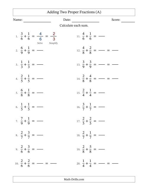 The Adding Two Proper Fractions with Equal Denominators, Proper Fractions Results and Some Simplifying (Fillable) (All) Math Worksheet