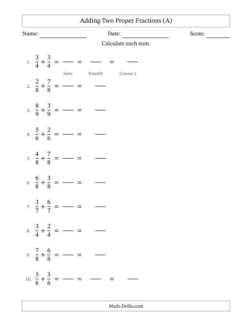 The Adding Two Proper Fractions with Equal Denominators, Mixed Fractions Results and Some Simplifying (Fillable) (A) Math Worksheet