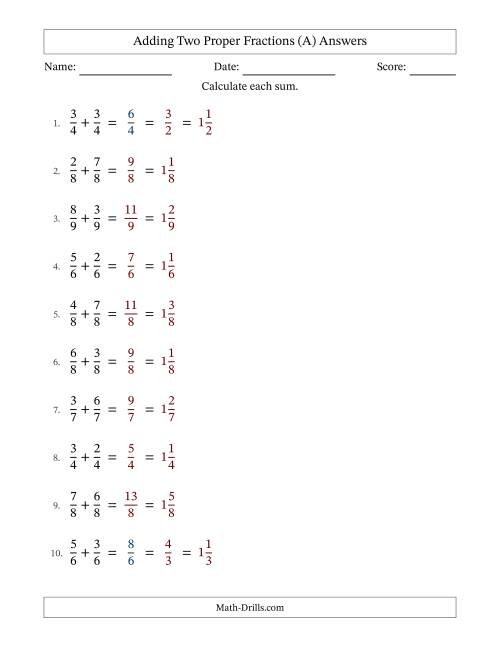 The Adding Two Proper Fractions with Equal Denominators, Mixed Fractions Results and Some Simplifying (Fillable) (A) Math Worksheet Page 2