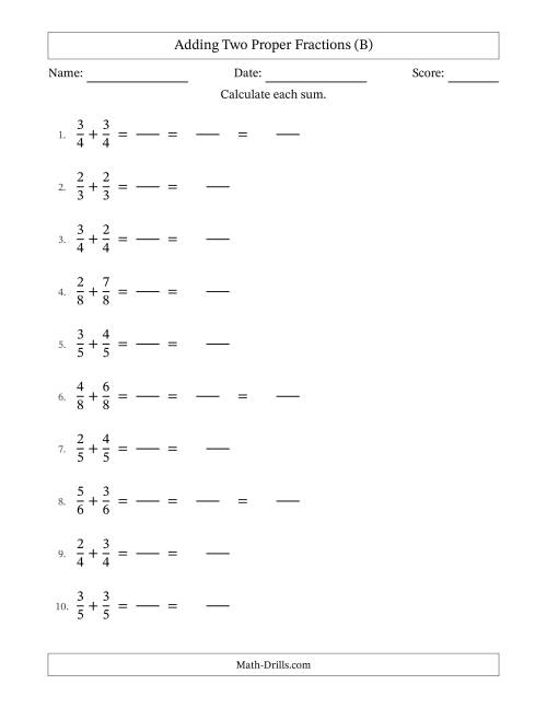 The Adding Fractions with Like Denominators (Mixed Fraction Sums) (B) Math Worksheet