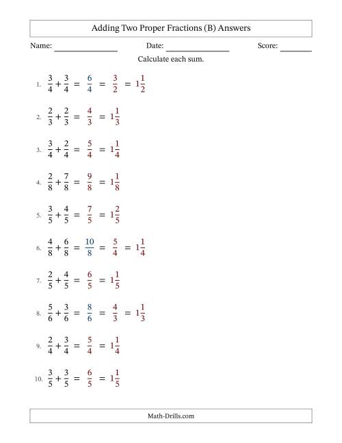 The Adding Fractions with Like Denominators (Mixed Fraction Sums) (B) Math Worksheet Page 2