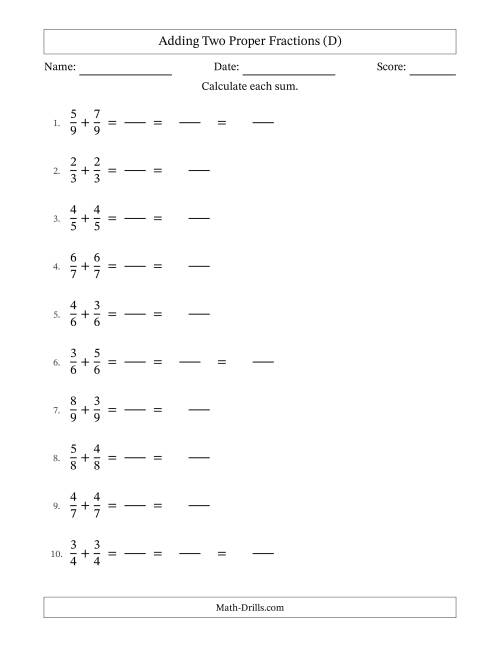 The Adding Two Proper Fractions with Equal Denominators, Mixed Fractions Results and Some Simplifying (Fillable) (D) Math Worksheet