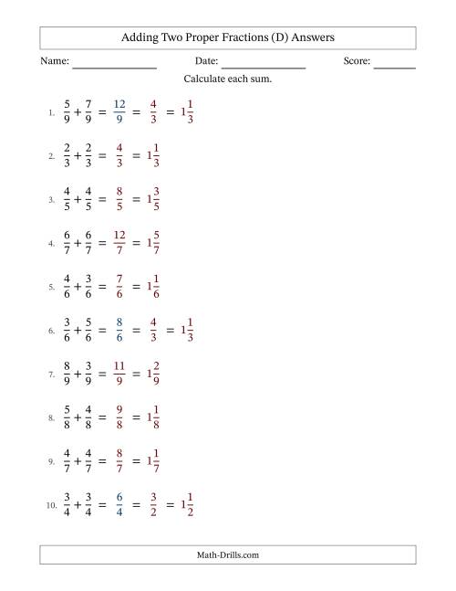 The Adding Fractions with Like Denominators (Mixed Fraction Sums) (D) Math Worksheet Page 2