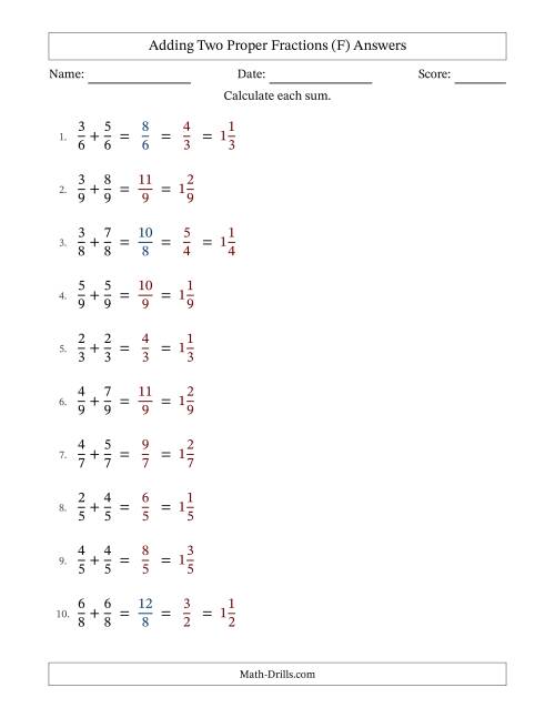 The Adding Fractions with Like Denominators (Mixed Fraction Sums) (F) Math Worksheet Page 2