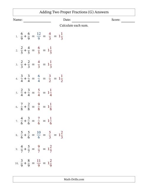 The Adding Fractions with Like Denominators (Mixed Fraction Sums) (G) Math Worksheet Page 2