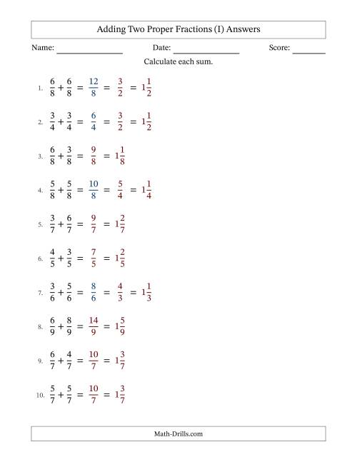 The Adding Fractions with Like Denominators (Mixed Fraction Sums) (I) Math Worksheet Page 2