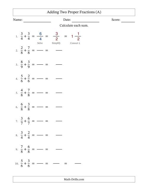 The Adding Two Proper Fractions with Equal Denominators, Mixed Fractions Results and Some Simplifying (Fillable) (All) Math Worksheet