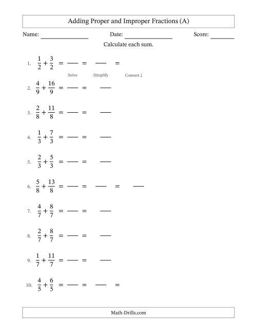 The Adding Proper and Improper Fractions with Equal Denominators, Mixed Fractions Results and Some Simplifying (Fillable) (A) Math Worksheet