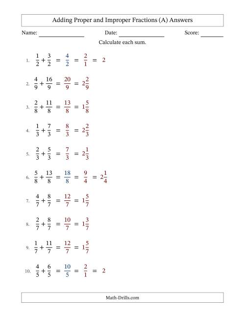 The Adding Proper and Improper Fractions with Equal Denominators, Mixed Fractions Results and Some Simplifying (Fillable) (A) Math Worksheet Page 2