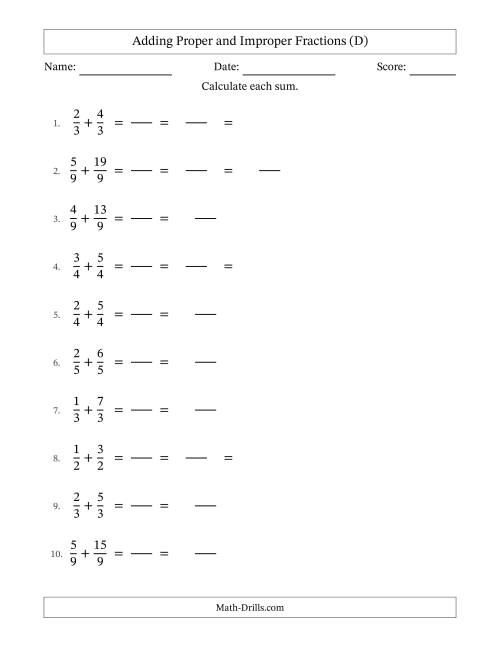 The Adding Fractions with Like Denominators (Improper Fractions Included) (D) Math Worksheet