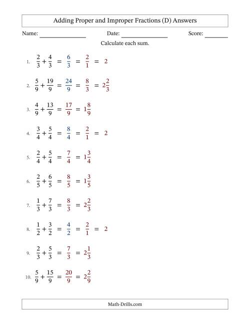 The Adding Proper and Improper Fractions with Equal Denominators, Mixed Fractions Results and Some Simplifying (Fillable) (D) Math Worksheet Page 2