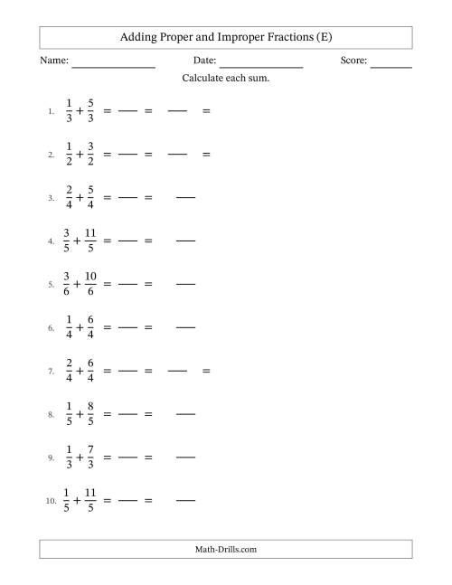 The Adding Fractions with Like Denominators (Improper Fractions Included) (E) Math Worksheet