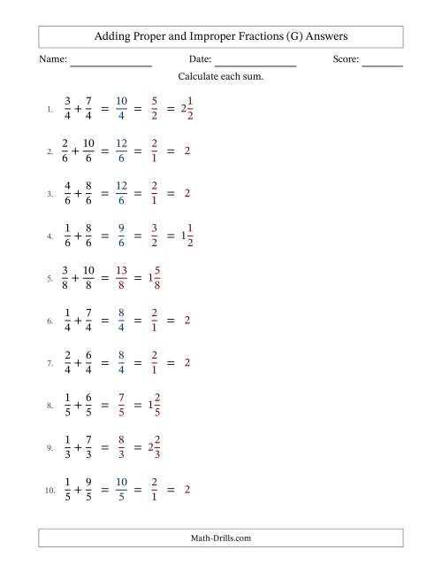 The Adding Fractions with Like Denominators (Improper Fractions Included) (G) Math Worksheet Page 2