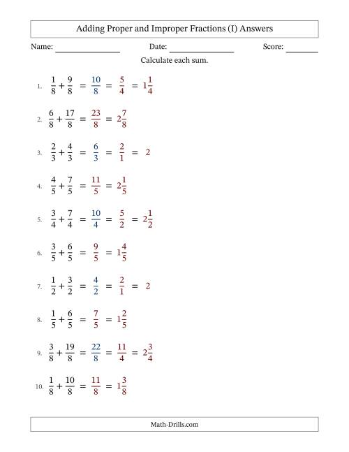 The Adding Proper and Improper Fractions with Equal Denominators, Mixed Fractions Results and Some Simplifying (Fillable) (I) Math Worksheet Page 2