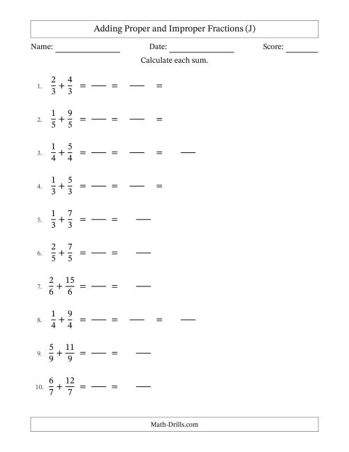 The Adding Fractions with Like Denominators (Improper Fractions Included) (J) Math Worksheet
