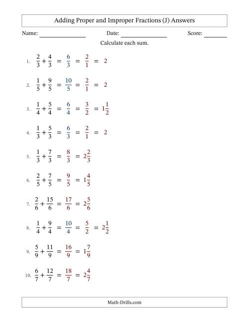 The Adding Fractions with Like Denominators (Improper Fractions Included) (J) Math Worksheet Page 2