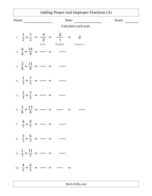 The Adding Fractions with Like Denominators (Improper Fractions Included) (All) Math Worksheet