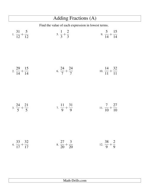 The Adding Proper and Improper Fractions with Like Denominators with Mixed Fraction Results (Old) Math Worksheet