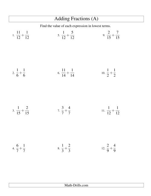 The Adding Proper Fractions with Like Denominators (Old) Math Worksheet